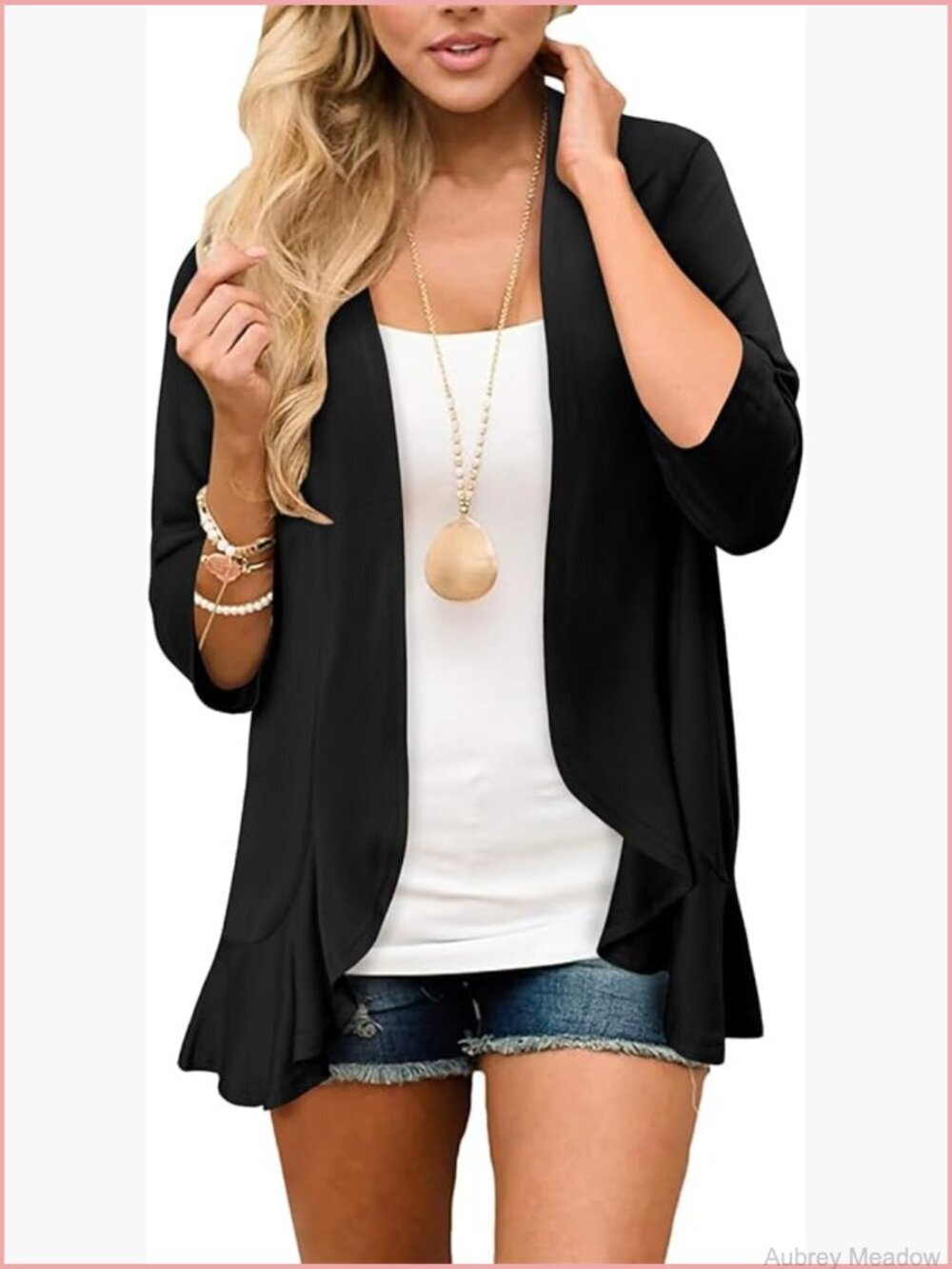Women's Lightweight Open Front Cardigan 3/4 Sleeve Ruffles